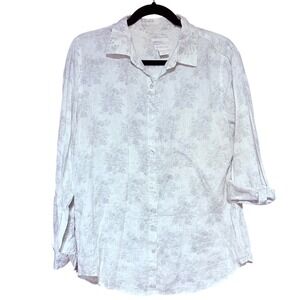Shabby Chic Linen Button‎ Down Women L Floral White Gray Long Sleeve Top